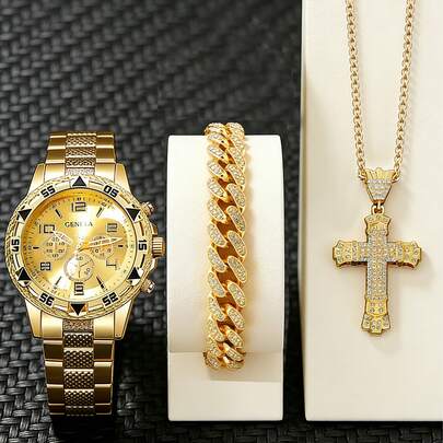 3pcs Fashion Quartz Watch & Gold Hip Hop Jewelry Set For Teenagers And Young Boy, Suitable For Daily, Party, Holiday And Other Occasions, Great Gift For Friends