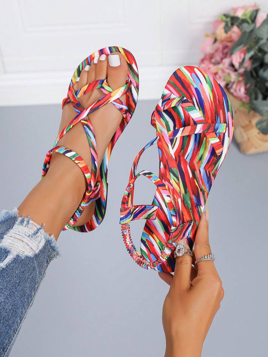Sandalias planas elegantes para mujer, sandalias deportivas cómodas de estilo bohemio con estampado floral arcoíris para la playa, sandalias planas minimalistas de punta cuadrada de estilo retro para uso casual