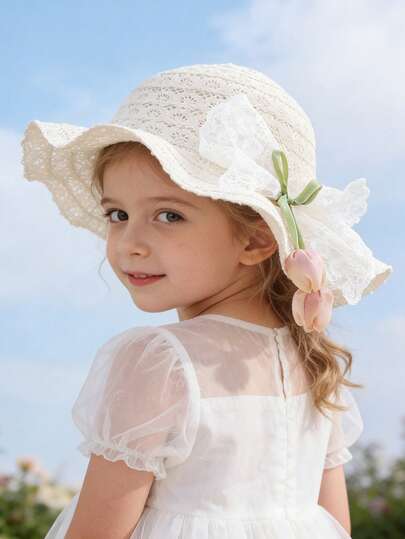 1顶透气钩针草帽，儿童沙滩帽，带蕾丝蝴蝶结和郁金香装饰，夏季度假和户外玩耍防晒
