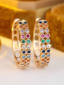 1 Pair Of Gold-Tone Pave Zirconia Multicolor Bezel Hoop Earrings Huggie Earrings Dainty Radiant Jewelry For Daily Wear Wedding Party Gift For Women - Colorful - View 2