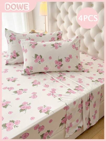 4pcs Set, 100% Polyester, Pastoral Floral, 35cm Deep Pocket Fitted Sheet, Printed Bedding Set (2 Pillowcases + 1 Flat Sheet + 1 Fitted Sheet), All-Season Modern Bedding Set, Minimalist Style, Soft & Comfortable, Breathable