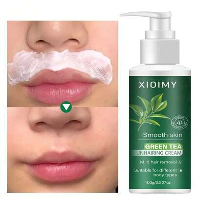 Xioimy Crema depilatoria de té verde, suave y no irritante, eliminación de vello limpia, depilación indolora y rápida en 5 minutos, apta para labios, axilas, piernas, brazos, áreas íntimas, pecho, Body, unisex