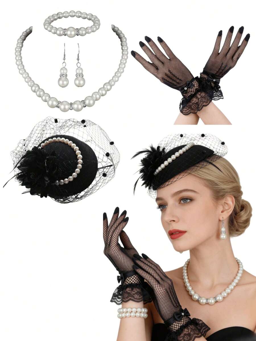 6pcs Vintage Pearl Jewelry Set, Includes Easter Bonnet And Lace Gloves, Women's Retro Afternoon Tea Party Outfit, Bridal Accessories - Multicolor - View 1