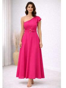 Elegant One-Shoulder Viscose Linen Long Dress For Parties - Tropical Pink - View 2