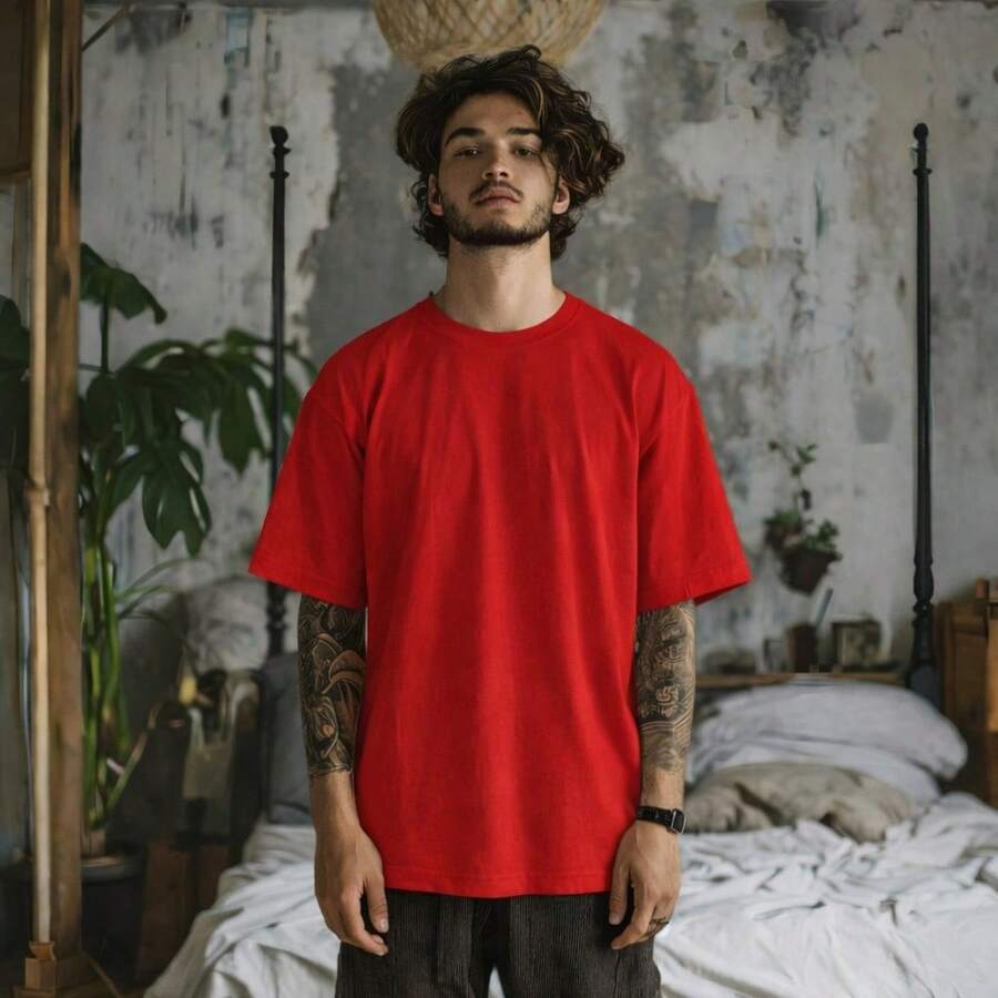 Men's Basic Oversized T-Shirt, Sizes S To Plus Size 6XL, 100% Cotton, 18 Colors - 紅色 - 查看 1