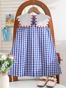 Girls' Summer Blue And White Checkered Sundress With A Large Wavy White Embroidered Collar, Red Satin Bow On The Front, Loose And Flowy Casual Fit - Blue - View 2