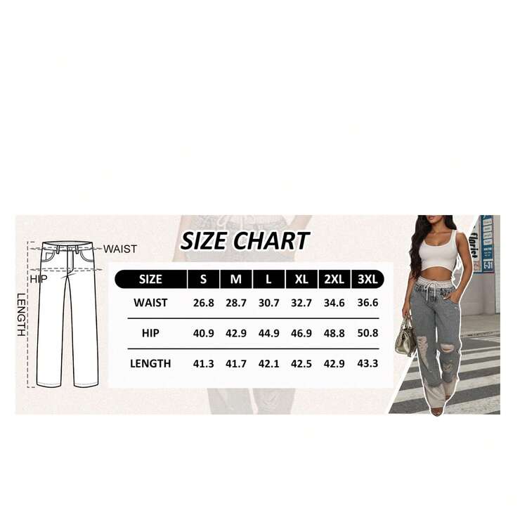 Womens Baggy Jeans Wide Leg Patchwork Y2k Ripped Drawstring Elastic Waist Denim Pants with Pockets - Azul - Añade 9