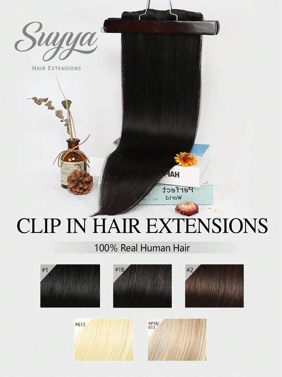 SUYYA 14英寸天然雷米真人发夹式接发片，自然黑色真人发丝柔顺直发，女士专用。 - S1B - 查看 1