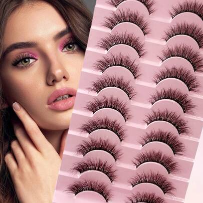 ENCHUW 10对假睫毛，蓬松柔软，纤长自然，透明梗，可重复使用，度假妆容必备