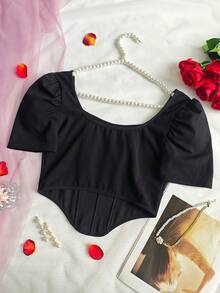 Black Square Neck Petal Sleeve Cinched Waist Top - Black - View 5