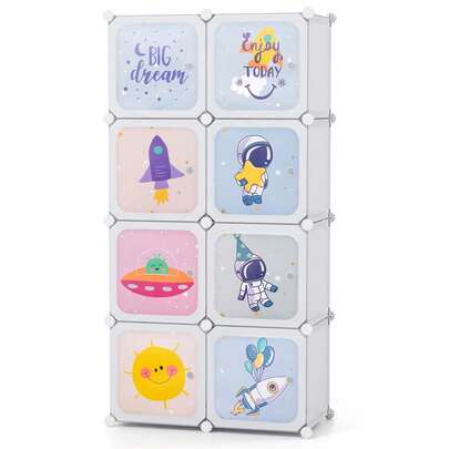  COSTWAY Portable Kids Wardrobe, 8-Cube Baby Closet Organizer With Doors & Hanging Section, Modular Cartoon Cube Shelf, Cute Children Dresser For Baby Room, Bedroom, Nursery, White