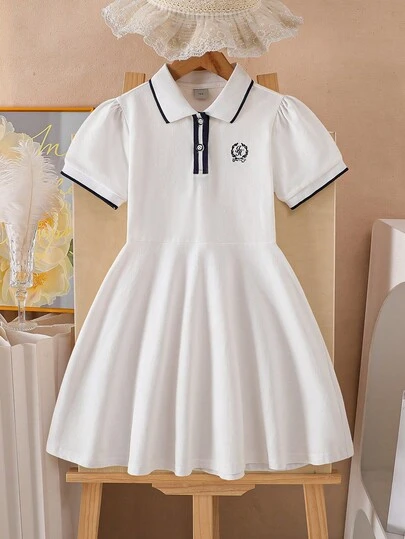 女童Polo领连衣裙，夏季运动学院风连衣裙，适合年龄稍大的女孩