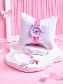 2pcs Set: Fashionable Cartoon Butterfly Print Watch Strap, Creative Student Quartz Wristwatch & Gradient Color Beaded Bracelet For Girls - Pink - View 3