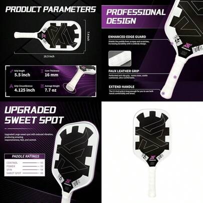 Paleta de píckleball de fibra de carbono con un panal de polímero de potencia de 16 mm, paleta de píckleball mejorada diseñada para un poder inigualable
