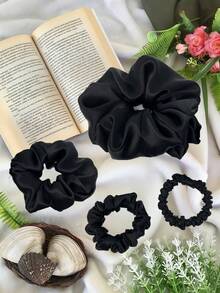 Bộ 4 dây buộc tóc co giãn màu đen thanh lịch, phù hợp cho sử dụng hàng ngày, dạo phố, buộc tóc đuôi ngựa cao, búi tóc, dự tiệc và đi chơi. - màu đen - Xem 1
