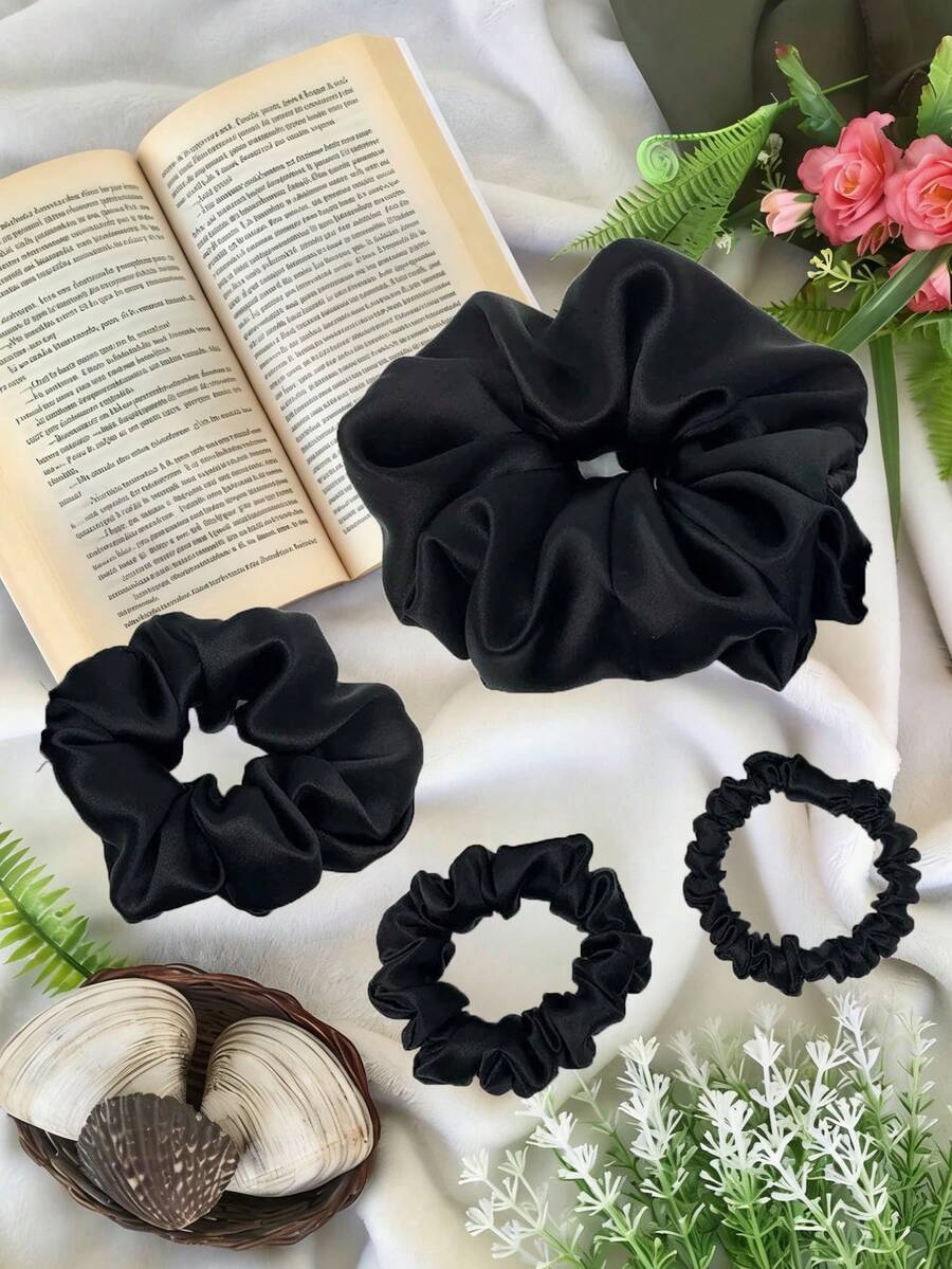 Bộ 4 dây buộc tóc co giãn màu đen thanh lịch, phù hợp cho sử dụng hàng ngày, dạo phố, buộc tóc đuôi ngựa cao, búi tóc, dự tiệc và đi chơi. - màu đen - Xem 1