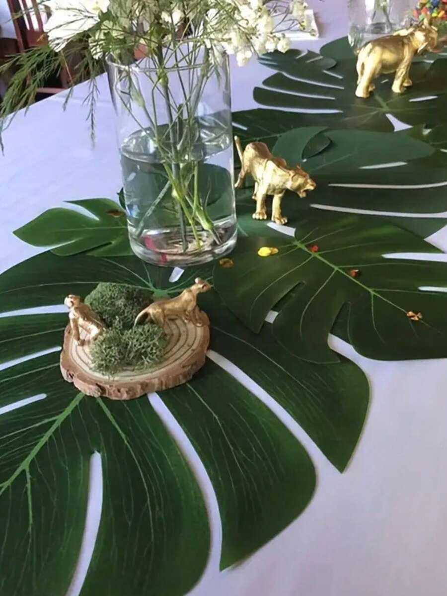 24片热带棕榈叶和芙蓉花，热带棕榈叶桌旗，人造叶子桌布，适用于婚礼、夏威夷草裙舞派对、热带丛林派对、婴儿派对、一周岁热带动物主题生日派对、夏威夷草裙舞生日派对、派对DIY装饰