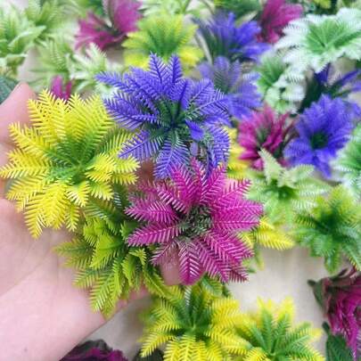 10 piezas de planta artificial de 4 capas de hoja de coco, modelo de árbol de flores de micro simulación, de plástico, con opciones de color morado, amarillo, verde y blanco, para mejorarse, Navidad, Acción de Gracias, Día de San Patricio, Día de la Madre, Graduación, decoración de mesa para el hogar, diversos tipos de habitaciones, pista de tren de jardín, modelo de paisaje de calle, maceta artesanal hecha a mano para paisaje