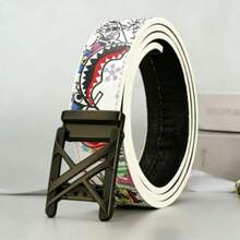 新款男士时尚PU皮腰带，商务休闲百搭字母涂鸦设计 - 彩色 - 查看 3