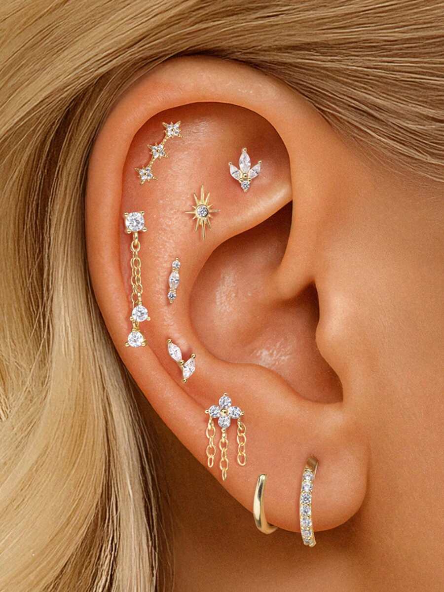 SereneSpark 1Pc 925 Sterling Silver Classic Geometric Elements Cubic Zirconia Tassel Stud Earring Flat-Back Dainty Cartilage Helix Tragus Lobe Piercing Suitable For Women For Daily, Dates, Vacation, Wedding, Party, Holiday Gift