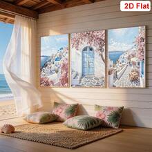 3幅圣托里尼街景帆布墙画 - 无框 - 希腊海报，白色建筑，蓝色屋顶和粉色花朵，防水帆布印刷，适合家居、卧室、宿舍装饰，完美礼物之选 - 聖托里尼街景 - 查看 3