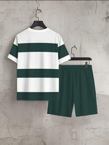 Ensemble décontracté à rayures pour hommes, Top à col rond minimaliste et confortable assorti à des shorts de couleur unie. Ensemble de 2 pièces à la mode de vêtements de sport convenant pour le port quotidien à l'extérieur et à la maison - Multicolore - Voir 5