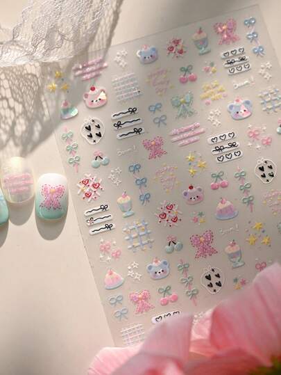 1PC 5D Metal Relief Nail Stickers, Clear And Dreamy Ice Cream Star Nail Stickers, Cute And Playful Teddy Bear Cake Nail Accessories, DIY Self-Adhesive Nail Stickers, Durable And Easy To Stick Nail Stickers, Suitable For Women And Girls' Nail Products