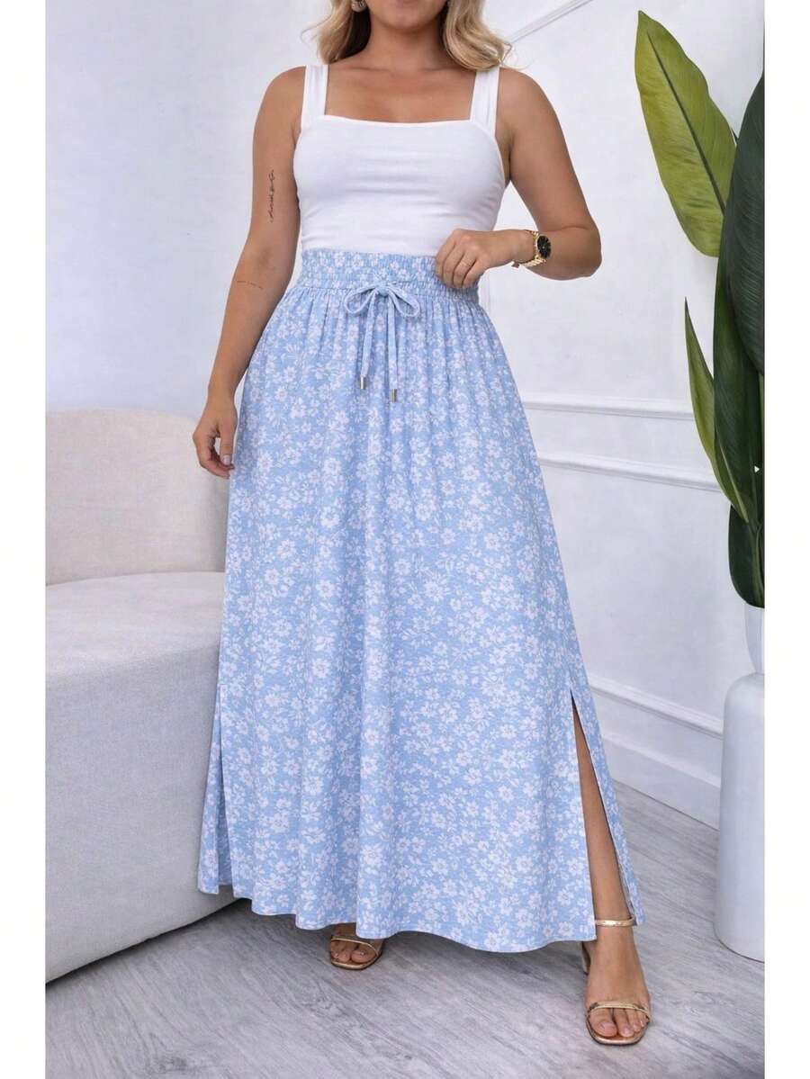 Long, Printed Viscose Skirt, Lined, High Waist With Pockets And Side Slits. - Baby Blue Flower - View 1
