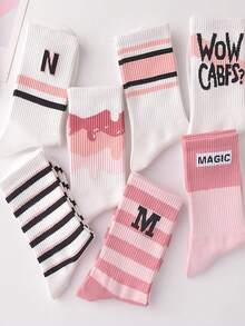 5 đôi tất cổ cao kẻ sọc ngẫu nhiên | Thiết kế chữ màu hồng và trắng, món đồ thiết yếu cho mọi mùa - Nhiều màu - Xem 2