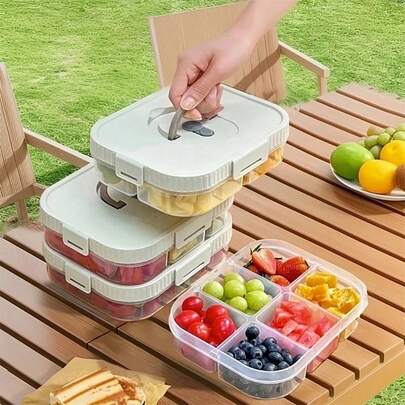 2/3格便携式方形塑料午餐盒，带提手，可微波炉加热，密封防漏，可装水果沙拉等食物，可重复使用，大容量分隔便当盒，适合学生和成人上学、办公、户外露营、野餐、旅行、返校等场合使用。