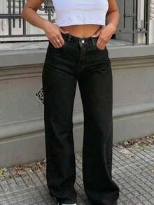 Teen Girl Casual Front Button Pocket Straight Leg Jeans, Daily Wear - Black - View 4