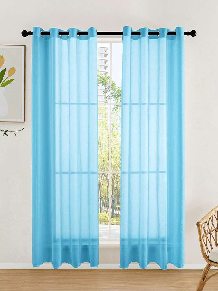 1 pieza/2 piezas Paneles de cortina semitransparente, disponible en varios tamaños, con ojales de metal, tela elegante y vaporosa para decoración de ventanas en sala de estar, dormitorio, estilo campestre, restaurante y cocina, color azul cielo - Azul cielo - Añade 14