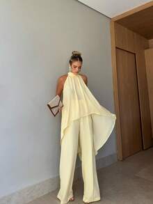 2pcs Women Elegant Solid Color Knotted Halter Asymmetric Hem Top And Long Pants Set, Suitable For Party, Vacation, Street, Date, Spring/Summer - Yellow - View 5