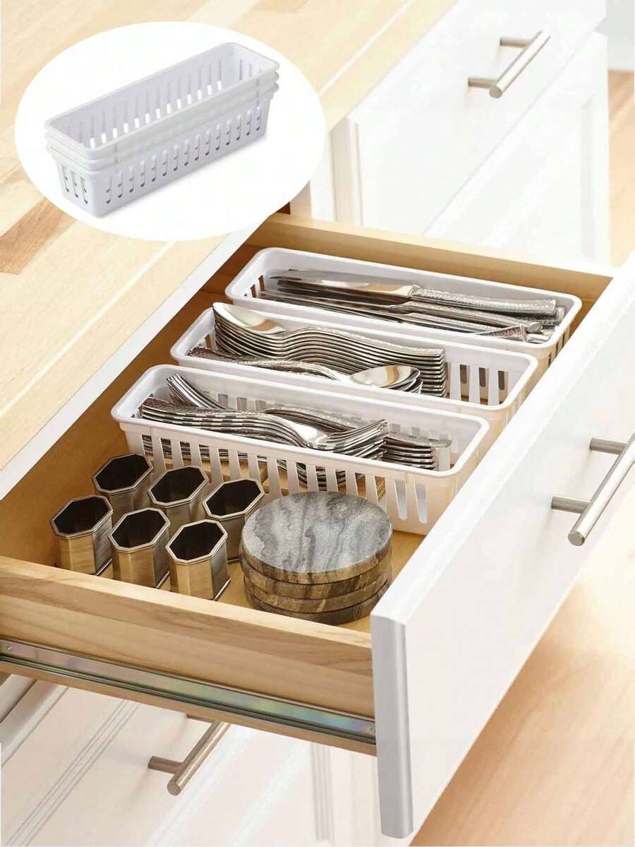 3pcs Plastic Narrow Drawer Storage Baskets, Suitable For Kitchen Drawers, Office Desks And Bathroom Drawers - Multicolor - View 1