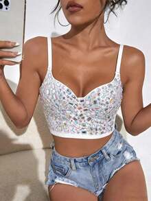 Fashionable Personalized Slimming Acrylic Sequin Backless Colorful Cropped Camisole Bustier Tank Top Casual White Summer - White - View 3