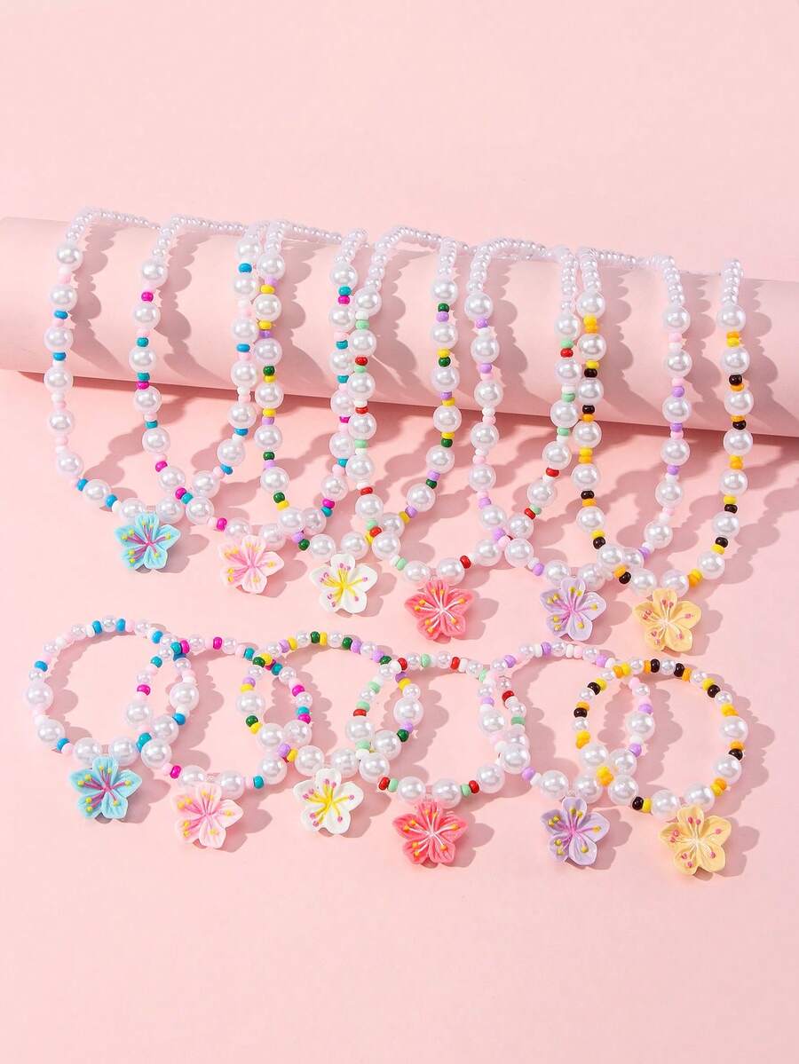 Conjunto de 2 peças com pingente de flor delicada, pérola e miçangas de vidro. Ideal para festas, escola, aniversários e como presente para meninas. Cor aleatória. - Multicolorido - Ver 1