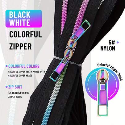 1 Set, #5 Gradient Zipper + Gradient Zipper Pulls, Colorful Zippers, Suitable For Home Sewing DIY Zipper Replacement