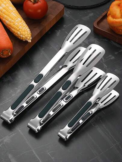1pc Stainless Steel Non-Slip Easy Grip Food Tongs, Daily Kitchen Cooking & Baking Tool