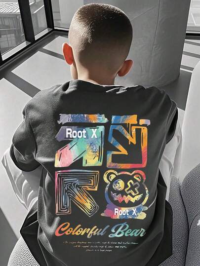 Tween Boy Casual Cartoon Bear Print T-Shirt, Soft And Comfortable Fabric, Suitable For Boys Outdoor Sports, Daily Wear, Street Style, Campus Style, Fashion Boy Spring Summer Versatile Top