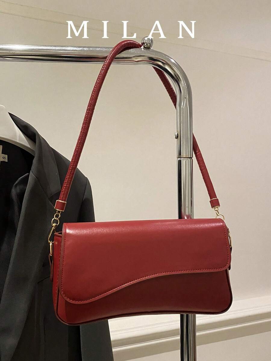Túi đeo vai thời trang, màu trơn, kiểu dáng bất đối xứng, nắp gập, phong cách cổ điển tối giản, thanh lịch. - Màu Đỏ Sâu - Xem 1