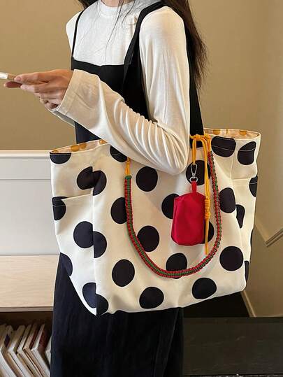 黑白波点帆布手提包，饰以彩色编织绳，并配有小零钱包，采用耐用帆布材质，时尚百搭，适合通勤/上学/购物/旅行，适合女性/学生/上班族，春夏休闲风格
