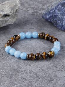 海蓝宝石和虎眼石珠手链，男士健康防护，女士瑜伽冥想饰品，象征力量、能量和勇气。 - 彩色 - 查看 8