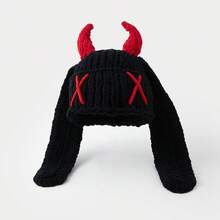 Unisex Thick Chunky Yarn Knit Beanie Hat Handmade Horn & Long Ear Devil Helmet Cap Warm Winter Knitted Hat - 黑紅 - 查看 4