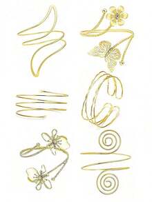 6pcs/Set Adjustable Metal Silver Simple Geometric Spiral Arm Cuff Bracelet Set, Summer Vacation Style, Halloween Decoration - 6件黃金-1 - 查看 6