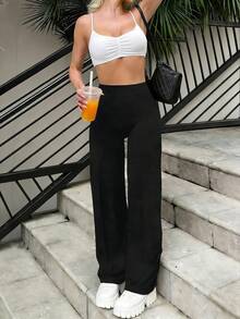 HUTENER Women's Casual Long Pants, Spring/Summer Sporty High-Waisted Flared Trousers, Women's Summer Clothing, Versatile Casual Pants Black - Black - View 5
