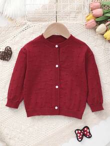 Baby Girl Knitted Round Neck Perforated Solid Color Cardigan - Burgundy - View 1