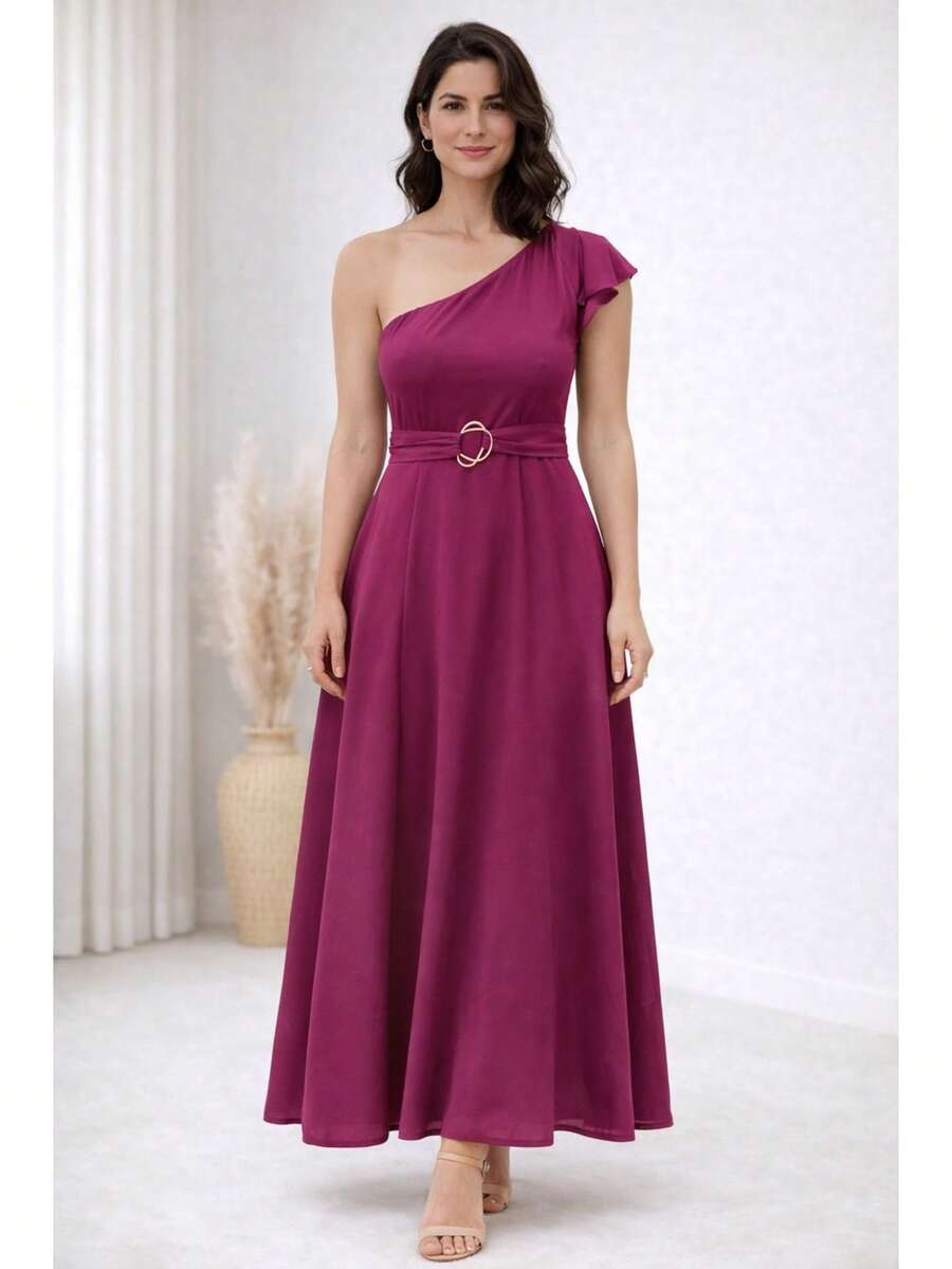 Elegant One-Shoulder Viscose Linen Long Dress For Parties - Magenta - View 1