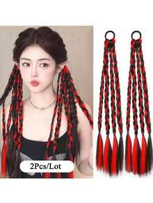 2pcs Fashionable Colorblock Elastic Braided Hair Bands, Ponytail Hair Extensions, Rainbow Color Hair Ties, Boxer Braid Synthetic Hair Extensions, Ombre Hair Scrunchies, Suitable For Women, Girls And Kids For Daily And Party Decor, Length 45cm - Multicolor - View 20