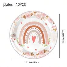 Kit de 50 piezas de vajilla desechable estilo boho chic con arcoíris pastel, platos, vasos y servilletas con hermosos estampados de rosas y corazones. Excelente opción para fiestas de cumpleaños de niñas, baby showers, despedidas de soltera y bodas bohemias, decoración y artículos esenciales perfectos para un ambiente romántico - Multicolor - Ver 14