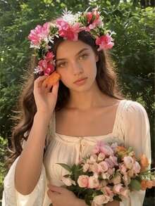 1 chiếc băng đô cài tóc hình vương miện hoa màu hồng nhạt kiểu cổ tích, vòng hoa giả tự nhiên, phụ kiện chụp ảnh. - Nhiều màu - Xem 2